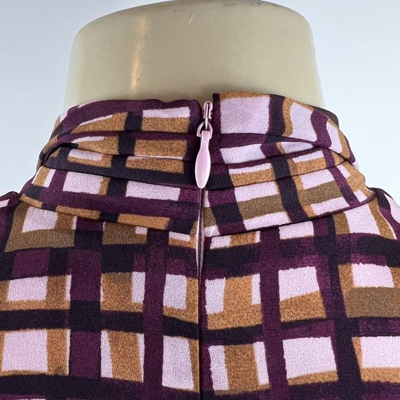 Gal Meets Glam Lindsey Dress Size 2 Purple Pink Plaid Tie Neck Pockets V Neck - Picture 12 of 15